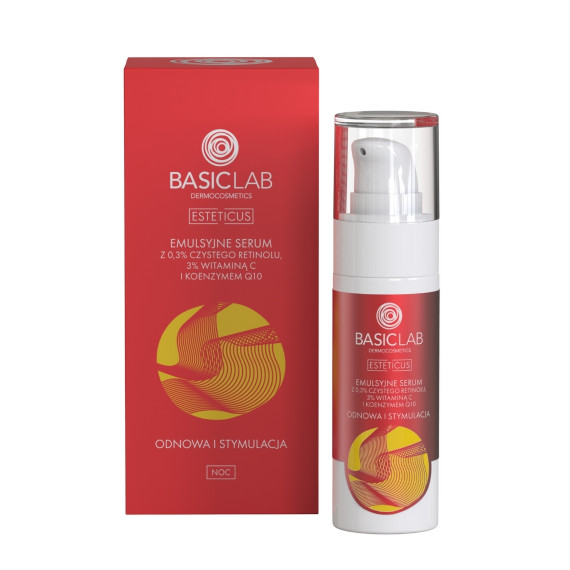 BasicLab, Esteticus, Emulsyjne serum z 0,3% czystego retinolu, 3% witaminą C i koenzymem Q10, 30 ml