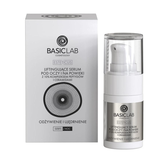BasicLab, Liftingujące serum pod oczy i na powieki z 10% kompleksem peptydów i ceramidami odżywienie i ujędrnienie, 15ml