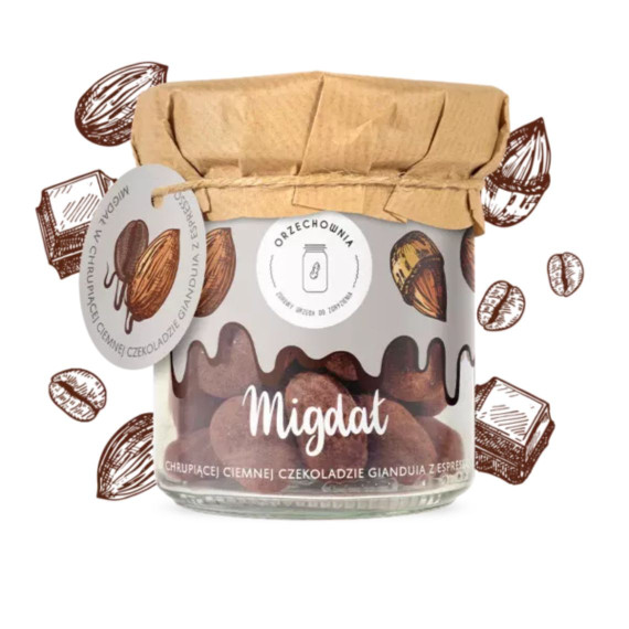 Orzechownia, Migdał w chrupiącej ciemnej czekoladzie Gianduia z espresso (vegan), 150 g